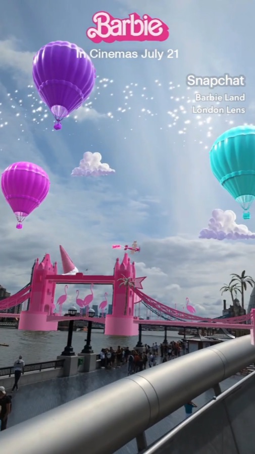 Barbie Snapchat AR lens activation over Tower Bridge, London